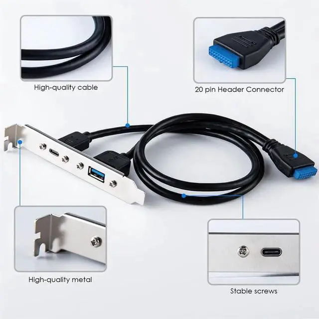 Alt view image 5 of 7 - AJMRTC 50cm 19/20Pin USB3.0 Motherboard Header to DualPort PCIE Back Panel Cable,5Gbps USB3.0A & USBC TypeC Female Rear I/O Bracket Cable for Desktop PC Chassis Mod