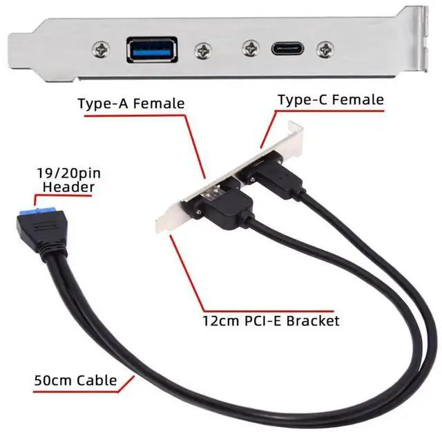 Alt view image 7 of 7 - AJMRTC 50cm 19/20Pin USB3.0 Motherboard Header to DualPort PCIE Back Panel Cable,5Gbps USB3.0A & USBC TypeC Female Rear I/O Bracket Cable for Desktop PC Chassis Mod