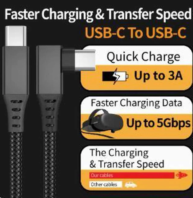 Alt view image 3 of 3 - AJMRTC 5M(16FT) RightAngle USBC VR Link Cable for Quest 2/3,60W PD Fast Charging 5Gbps HighSpeed Data Sync Cord,Stable Streaming for PC VR Gaming Headset