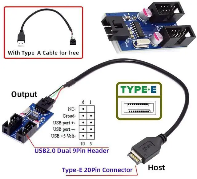 Alt view image 3 of 7 - AJMRTC USB3.1 FrontPanel TypeE Header to 9Pin IDC 4Pin Housing Adapter Cable,1to2 USBA Female Port Multiplier Hub for Motherboard Internal Header Expansion