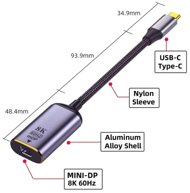 Alt view image 2 of 7 - AJMRTC USB4 TypeC Source to Mini DisplayPort MiniDP Female Video Cable,8K@60Hz UHD & 4K High Resolution,USBC Host to MiniDP Display Monitor Converter Cord for Laptops