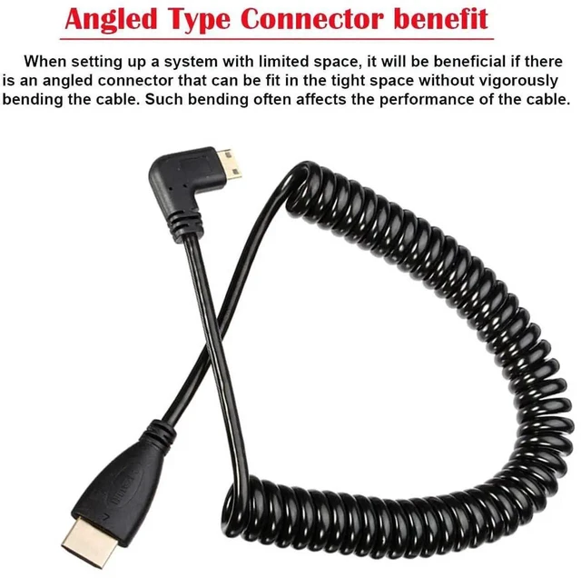 Alt view image 2 of 7 - AJMRTC 90 Degree Right Angled Mini HDMI Male to HDMI Male Spring Stretch Cable 4FT, Coiled HighDefinition HDMI Cord for Cameras, Camcorders, Action Cam, Projector and HD Display Devices