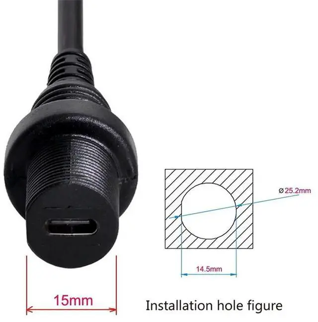 Alt view image 7 of 7 - AJMRTC Waterproof USBC USB3.1 Flush Panel Mount Extension Cable, Car Dashboard DashMount TypeC Cord, IPRated Waterproof Female Receptacle for Vehicle, Marine & Cabinet Panel Installation