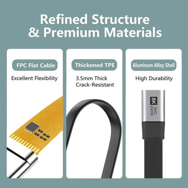 Alt view image 2 of 7 - AJMRTC USB5.0 Flat Slim FPC UpAngled 90Degree USBC Male to Female Extension Cable 20CM,80Gbps 240W PD Charging,16K@60Hz 8K 5K Video,Compatible with 40Gbps USB4.0,Thunderbolt 3/4/5