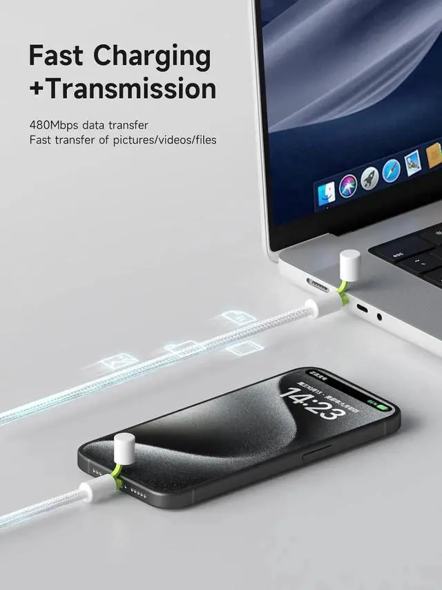 Alt view image 3 of 7 - AJMRTC USBC Cable with Protective Cap, 240W PD3.1 Fast Charging Cord 480Mbps Data Transfer USB TypeC Charger Cable for iPhone 15 16 Pro Max, iPad, MacBook Pro Air, White Green, 0.8ft Short USBC Cha