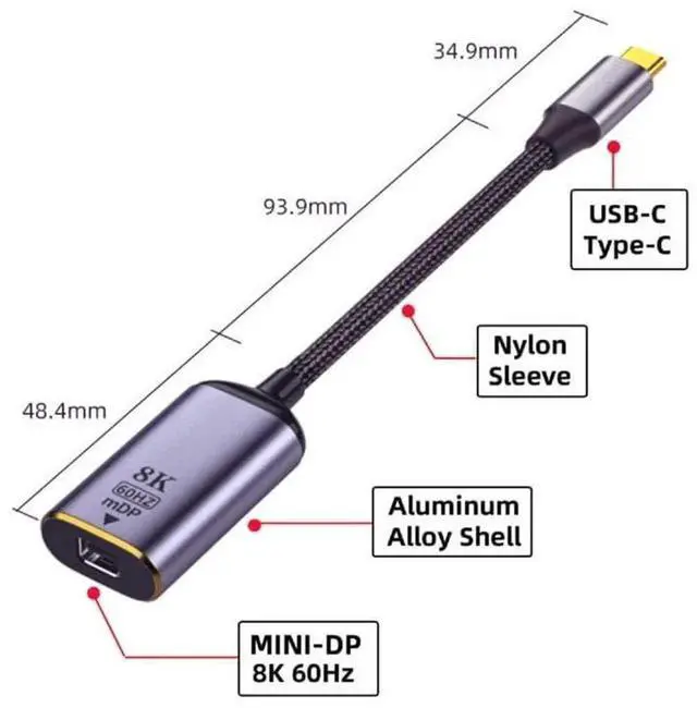 Alt view image 7 of 7 - AJMRTC USBC Source to MiniDP Female Cable, USB4 TypeC to Mini DisplayPort Adapter Cable, 8K@60Hz UHD 4K Video Output for Monitors, Displays, USBC Laptops with DP AltMode