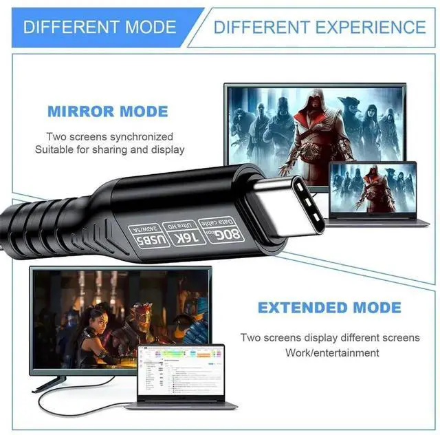 Alt view image 3 of 6 - AJMRTC 50CM USB5.0 USBC Male to Male Cable, 80Gbps Data 240W PD Fast Charging, 8K@60Hz 6K@30Hz 5K@60Hz Video, Compatible with USB4.0 Thunderbolt 3/4/5 for Laptops, Docking Stations