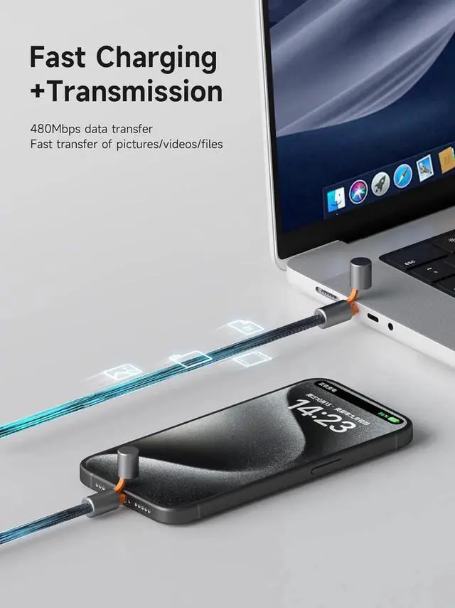 Alt view image 4 of 7 - AJMRTC USBC Cable with Protective Cap, 240W PD 3.1 Fast Charging TypeC Cord, 480Mbps Data Transfer, for iPhone 15 16 17 Pro Max, iPad, MacBook Pro Air, Android Phones, Black Orange, 0.8Ft