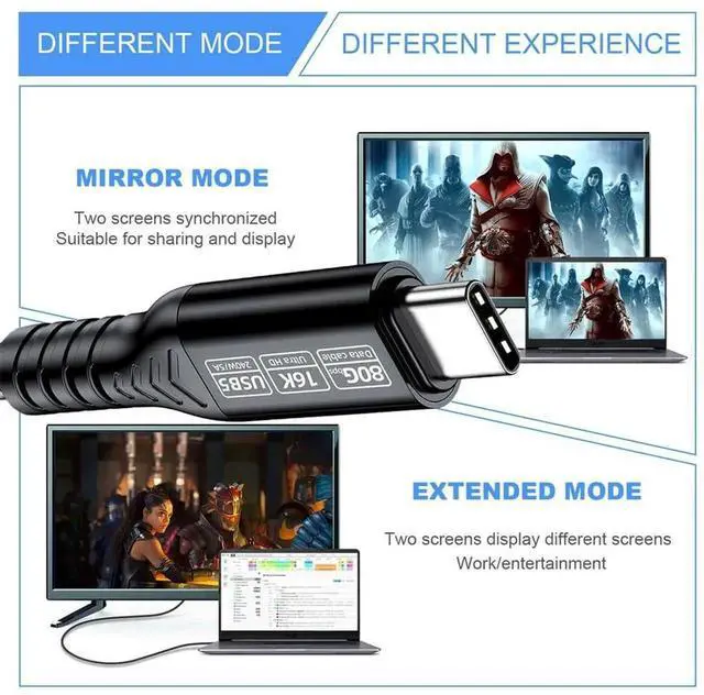 Alt view image 3 of 6 - AJMRTC 100CM USB5.0 USBC Male to Male Cable, 80Gbps HighSpeed Data, 240W PD3.1 EPR Fast Charging, 8K@60Hz 5K@60Hz 6K@30Hz Video, Compatible with USB4.0, Thunderbolt 5 4 3 for Laptop, Docking Station