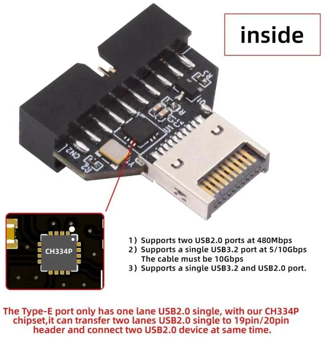 Alt view image 2 of 7 - AJMRTC TypeE USB 3.1 Front Panel Header Male to USB 3.0 20Pin Female Motherboard Expansion Adapter with Builtin Chipset, Internal Mainboard Port Converter for PC Case Front Panel Connection
