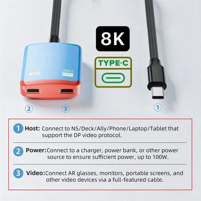 Alt view image 6 of 7 - AJMRTC USBC 1to2 OTG Splitter Cable for VR AR Glasses, 8K Video Output, 100W PD Fast Charging TypeC Female Port, Compatible with NS Handheld Console, Laptop, Tablet, Smartphone for DualPort Expan