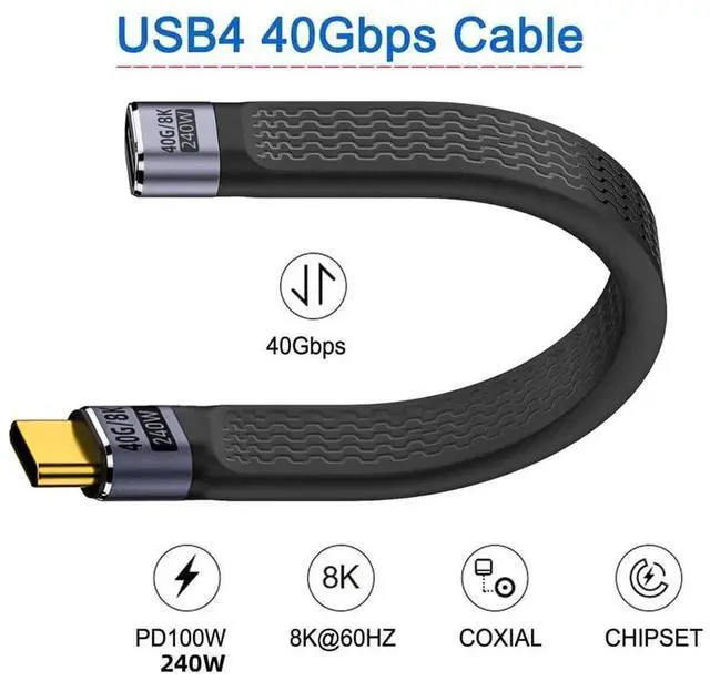 Alt view image 2 of 7 - AJMRTC USB4 Straight Extension Cable Male to Female 13cm, Slim Flat Cord 40Gbps Data Transfer, 240W PD Charging, 8K@60Hz Video Output, Compatible with Thunderbolt 3/4 for Docking Station, Laptop, USB