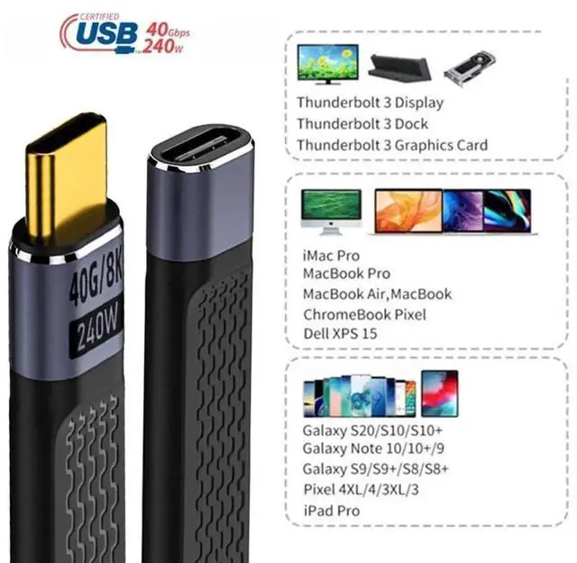 Alt view image 7 of 7 - AJMRTC USB4 Straight Extension Cable Male to Female 13cm, Slim Flat Cord 40Gbps Data Transfer, 240W PD Charging, 8K@60Hz Video Output, Compatible with Thunderbolt 3/4 for Docking Station, Laptop, USB