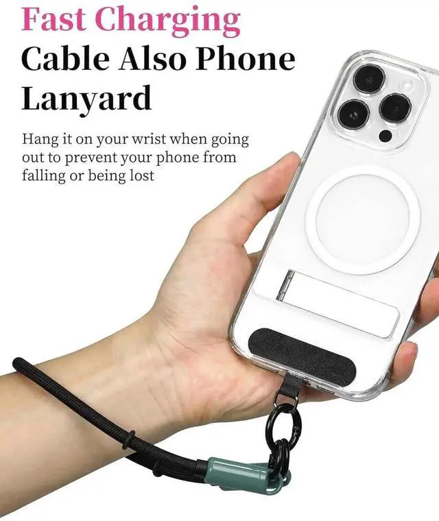 Alt view image 3 of 7 - AJMRTC USBC to C Short Cable 1FT, Wrist Phone Lanyard Design, 240W PD Fast Charging 480Mbps Data Sync, Portable Lanyard Cord for iPhone17 16 15 Pro Max, iPad Pro, GreyGreen Color