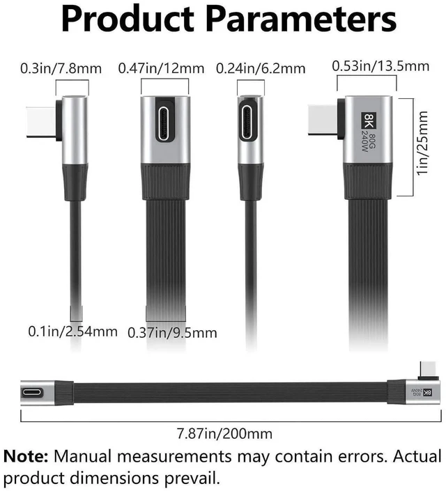Alt view image 4 of 7 - AJMRTC USB5.0 80Gbps Flat Slim FPC USBC Male to Male 90 Degree RightAngle Extension Cable 240W PD,16K 8K 60Hz 5K Video,Compatible with USB4.0 Thunderbolt 3/4/5 for Laptop Dock SSD Monitor,20cm