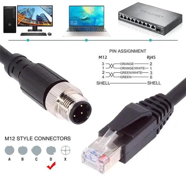 Alt view image 5 of 7 - AJMRTC 4Pin M12 TypeD DCoded Male to RJ45 Cat5e Male Ethernet Cable, IP67 Industrial LAN Network Patch Cord for Industrial Equipment, Sensor, Controller, Automation Applications