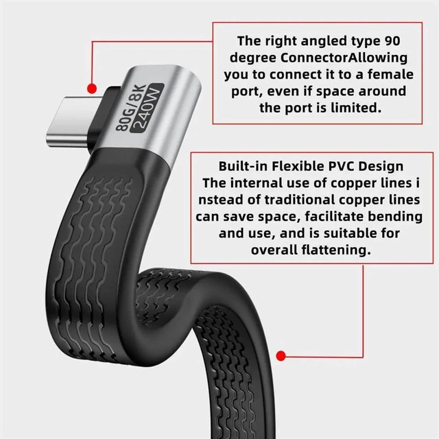 Alt view image 7 of 7 - AJMRTC Dual RightAngled Flat Slim FPC USB5.0 Cable 13cm,80Gbps Data,240W PD Charging,16K@30Hz 8K 5K@60Hz Video,USBC Male to Male Cord Compatible with USB4.0 Thunderbolt 3/4/5