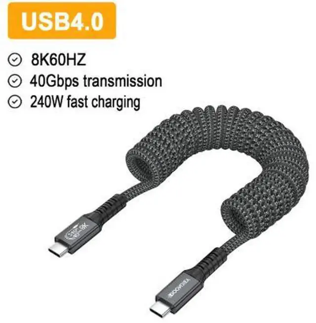 Main image of AJMRTC USB4 Spring Coiled USBC to USBC Braided Cable,40Gbps Data Transfer,240W PD Fast Charging,8K@60Hz Video Output,Compatible with Thunderbolt 4 for Laptop,Dock,SSD,Monitor