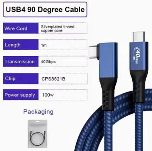 Alt view image 4 of 5 - AJMRTC 3.3FT(1M) LShaped Braided USB4 TypeC Cable,40Gbps HighSpeed Data Transfer,Right Angle USBC Cord Compatible with Thunderbolt 4 for Laptop,External SSD,Docking Station