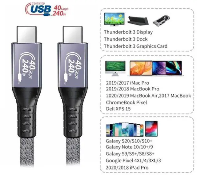 Alt view image 7 of 7 - AJMRTC USBIF Certified USB4 TypeC Cable,40Gbps Data Transfer,240W PD3.1 EPR Charging,Backward 100W Compatible,8K@60Hz 5K Video Output,USBC Cord for Laptop,SSD,Docking Station