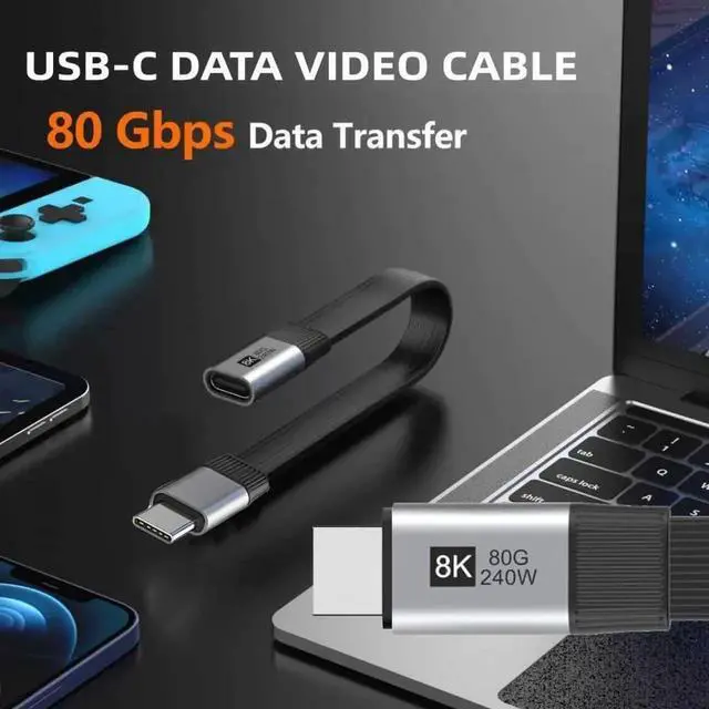 Alt view image 6 of 7 - AJMRTC 20cm RightAngle 90Degree Flat Slim FPC USB5.0 Male to Female Extension Cable,80Gbps,240W PD,16K@30Hz 8K@60Hz 5K Video,Compatible with USB4.0 Thunderbolt 3/4/5