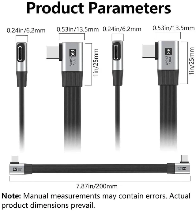 Alt view image 7 of 7 - AJMRTC 20cm Dual RightAngled 90Degree Flat Slim FPC USB5.0 MaletoMale Cable,80Gbps,240W PD,16K@30Hz 8K@60Hz 5K Video,Compatible with USB4.0 Thunderbolt 3/4/5