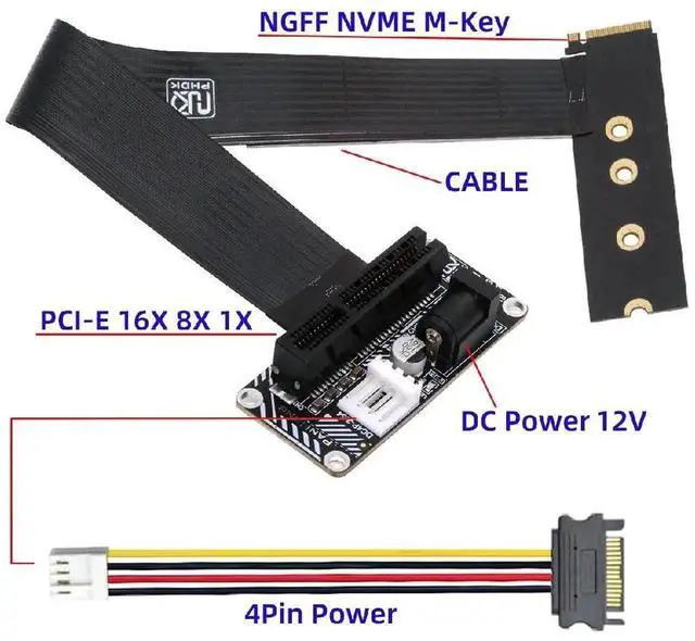 Alt view image 3 of 7 - AJMRTC 90 Degree RightAngled M.2 MKey NGFF NVMe to UpAngled PCIE X1/X4/X8/X16 Socket Extension Cable, PCIExpress Graphics Card Riser Adapter for Desktop PC Hardware Mod