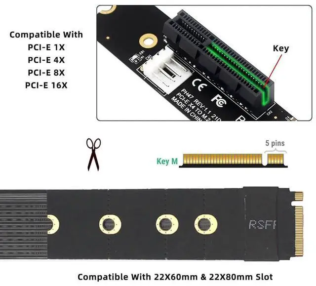 Alt view image 6 of 7 - AJMRTC M.2 NGFF NVMe MKey to PCIE X1 X4 X8 X16 Extension Cable, PCIExpress Graphics Card Riser Adapter, Compatible with M2 2260 2280 NVMe SSD for Desktop PC DIY Case Mod