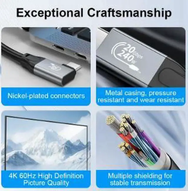 Alt view image 5 of 5 - AJMRTC 10FT(3M) RightAngle USBC FullFunction Cable, USB3.2 20Gbps Data Transfer, 240W PD Fast Charging, 4K@60Hz Video Output for Laptop, External SSD, Monitor and USBC Devices
