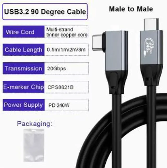 Alt view image 3 of 5 - AJMRTC 10FT(3M) RightAngle USBC FullFunction Cable, USB3.2 20Gbps Data Transfer, 240W PD Fast Charging, 4K@60Hz Video Output for Laptop, External SSD, Monitor and USBC Devices