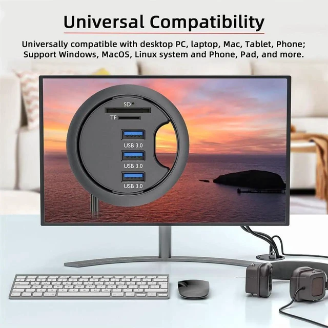 Alt view image 6 of 7 - AJMRTC 60mm Desk Grommet USB Hub Dock Station, 3Port USB3.0 Splitter with SD TF MicroSD Card Reader, Desktop Desk Mount Card Reader Adapter for PC Office Desktop Worktable