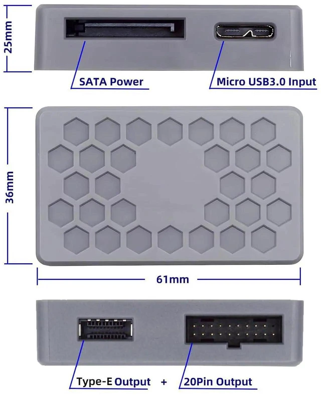 Alt view image 4 of 7 - AJMRTC PCBAType Internal USB Splitter Hub 5Gbps, Input: USB3.1 TypeE /1920Pin Header / MicroUSB3.0, Output to USB3.0 1920Pin & TypeE Female Dual Ports for Desktop PC Internal FrontPanel I/O