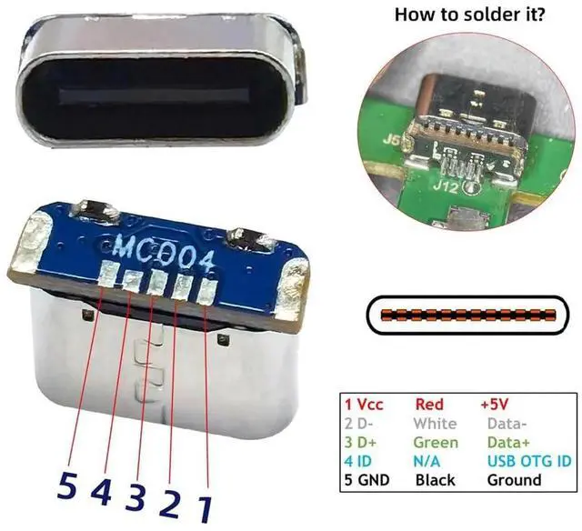 Alt view image 3 of 7 - AJMRTC 5Pcs/Lot SMT Solder TypeC Female Socket Connector, DC 5V Power DIY Replacement for MiniUSB 5Pin Female Port, SurfaceMount Jack for Electronics Repair & DIY Soldering Projects