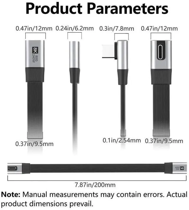 Alt view image 2 of 7 - AJMRTC 20cm USB5.0 Flat Slim FPC 90Degree Angled Extension Cable, MaletoFemale 80Gbps FullFunction Cord, 240W PD Charging, 16K@30Hz 8K@60Hz & 5K@60Hz Video, Compatible with Thunderbolt 3/4/5 for L