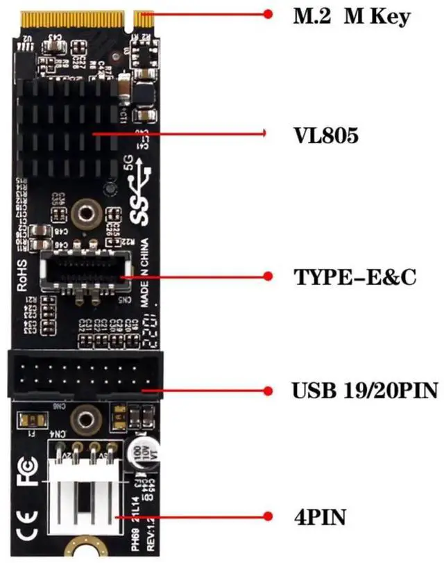 Alt view image 4 of 7 - AJMRTC NGFF M.2 MKey USB Expansion Card with VL805 Chipset, Output USB3.1 5Gbps TypeE FrontPanel Socket & USB2.0 Header, Internal USBC Port Adapter for Desktop Motherboard PC CaseMod Upgrade