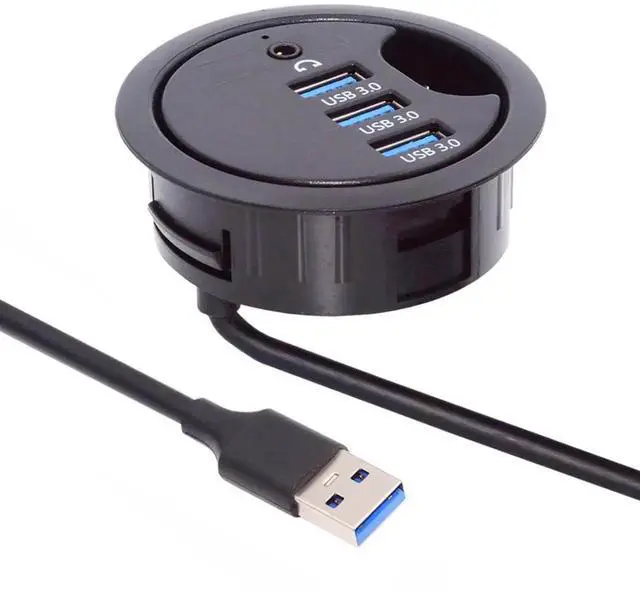 Main image of AJMRTC 60mm Desk Grommet Dock Station, 3Port USB3.0 Hub with Sound Card, USB Splitter with Headphone Mic 3.5mm Audio Interface for Desktop PC Office Table Hole Mount
