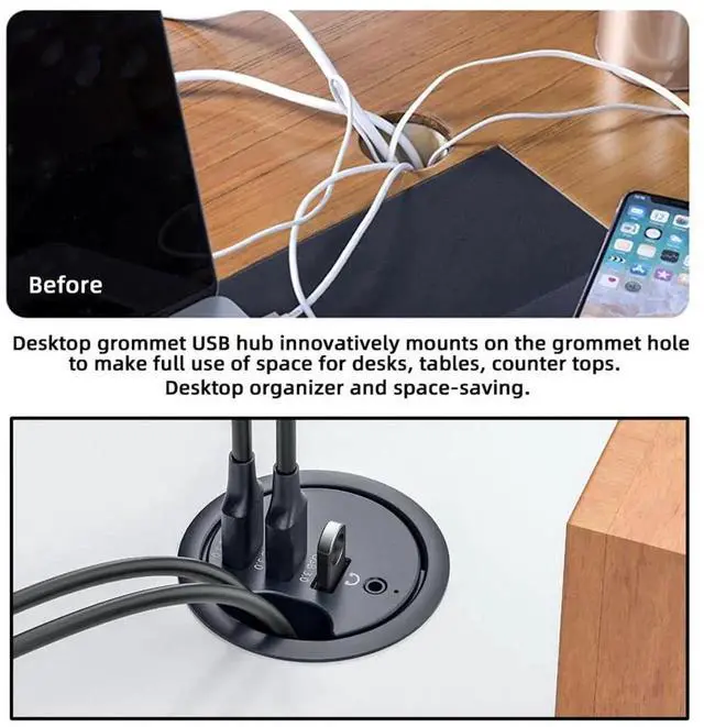 Alt view image 7 of 7 - AJMRTC 60mm Desk Grommet Dock Station, 3Port USB3.0 Hub with Sound Card, USB Splitter with Headphone Mic 3.5mm Audio Interface for Desktop PC Office Table Hole Mount