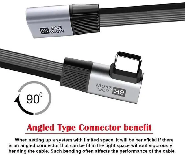 Alt view image 2 of 7 - AJMRTC 20cm USB5.0 Flat Slim FPC 90Degree RightAngle MaletoFemale Extension Cable, 80Gbps, 240W PD Charging, 16K@30Hz 8K@60Hz 5K@60Hz Video, Compatible with USB4.0, Thunderbolt 3/4/5 for Laptop,