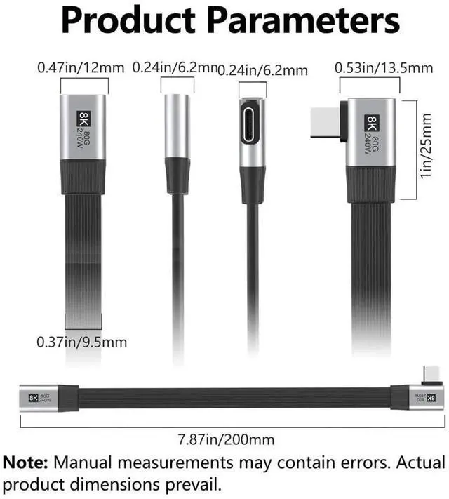 Alt view image 3 of 7 - AJMRTC 20cm USB5.0 Flat Slim FPC 90Degree RightAngle MaletoFemale Extension Cable, 80Gbps, 240W PD Charging, 16K@30Hz 8K@60Hz 5K@60Hz Video, Compatible with USB4.0, Thunderbolt 3/4/5 for Laptop,