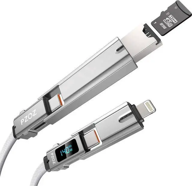 Main image of AJMRTC 5in1 OTG Cable 5FT with LED Display 140W Fast Charging, Micro SD TF Card Reader MultiFunction Combo Cable, Lightning / TypeC / USBA OTG for iPhone, iPad, MacBook, AirPods Pro, Samsung Smar
