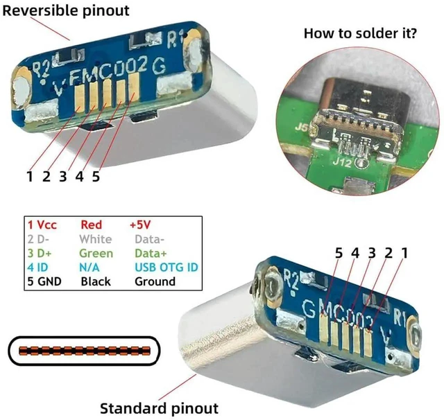 Alt view image 7 of 7 - AJMRTC 10Pcs/Lot SMT SolderType USBC Female Socket Connector, DC 5V Power DIY Replacement Connector, Replace for MicroUSB 5Pin Female Jack for PCB Repair, DIY Hardware Modification