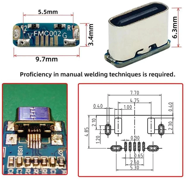 Alt view image 6 of 7 - AJMRTC 10Pcs/Lot SMT SolderType USBC Female Socket Connector, DC 5V Power DIY Replacement Connector, Replace for MicroUSB 5Pin Female Jack for PCB Repair, DIY Hardware Modification