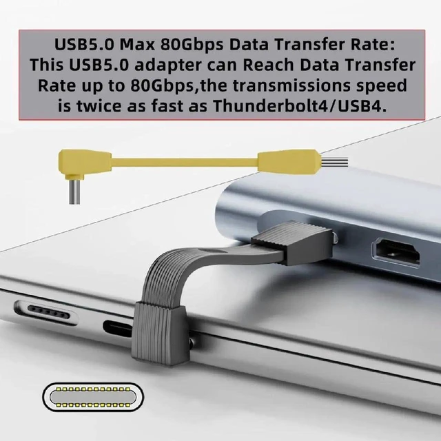 Alt view image 3 of 7 - AJMRTC 2Pack USB5.0 FPC Flat Slim USBC Cable, UpAngled 90Degree MaletoMale & MaletoFemale Extension,80Gbps,PD3.1 240W,16K 8K@60Hz 5K Video,Compatible with USB4.0 Thunderbolt,Yellow