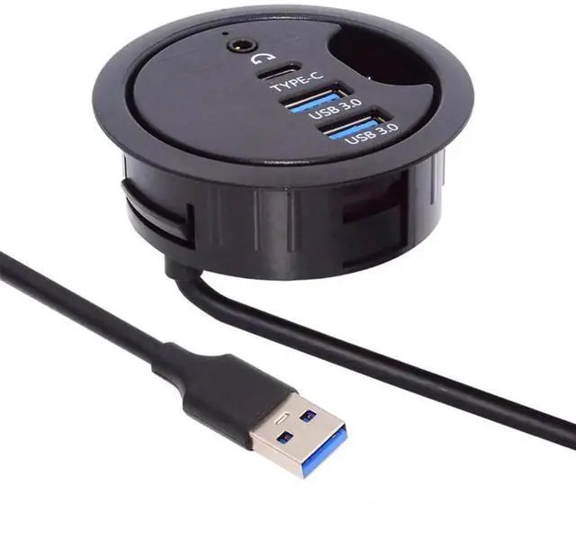 Main image of AJMRTC 2Port USB3.0 Desk Grommet Dock Station, 60mm Hole USBC Splitter Hub with 3.5mm Headphone Mic Audio Sound Card Interface, Desktop PC Desk Grommet for USB 3.0, TypeC & Audio Connection
