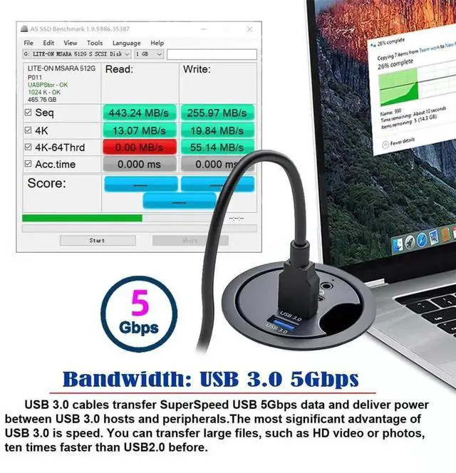 Alt view image 7 of 7 - AJMRTC 2Port USB3.0 Desk Grommet Dock Station, 60mm Hole USBC Splitter Hub with 3.5mm Headphone Mic Audio Sound Card Interface, Desktop PC Desk Grommet for USB 3.0, TypeC & Audio Connection