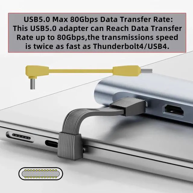 Alt view image 5 of 7 - AJMRTC 2Pack USB5.0 FPC Flat Slim USBC Extension Cable, UpAngled 90Degree MaletoMale & MaletoFemale,80Gbps PD3.1 240W,16K 8K@60Hz 5K Video,Compatible with USB4.0 Thunderbolt,Yellow