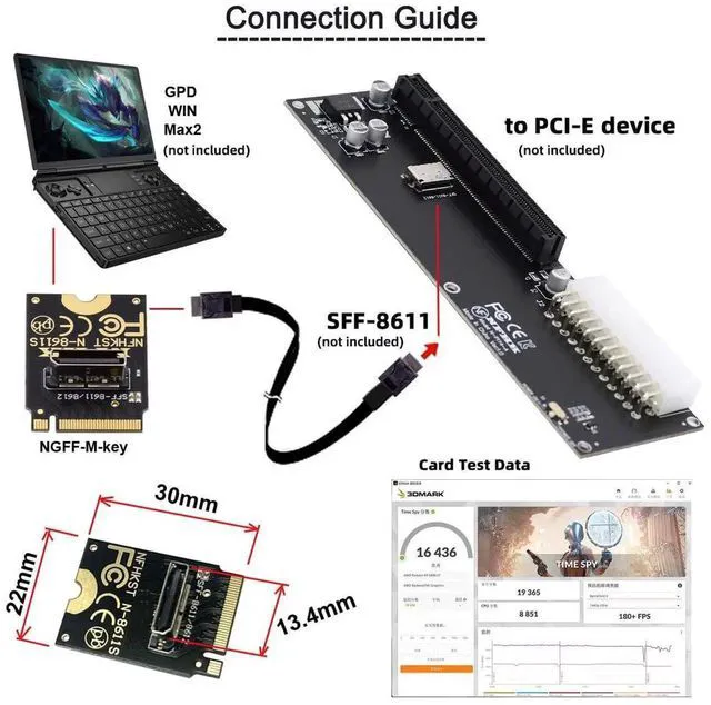 Alt view image 7 of 7 - AJMRTC M.2 MKey 2230 to OCuLink SFF8612 SFF8611 Vertical Host Adapter, PCIE4.0 x4 64Gbps NVMe Adapter for U.2 NVMe SSD, External eGPU Expansion for Laptops & Handheld PCs