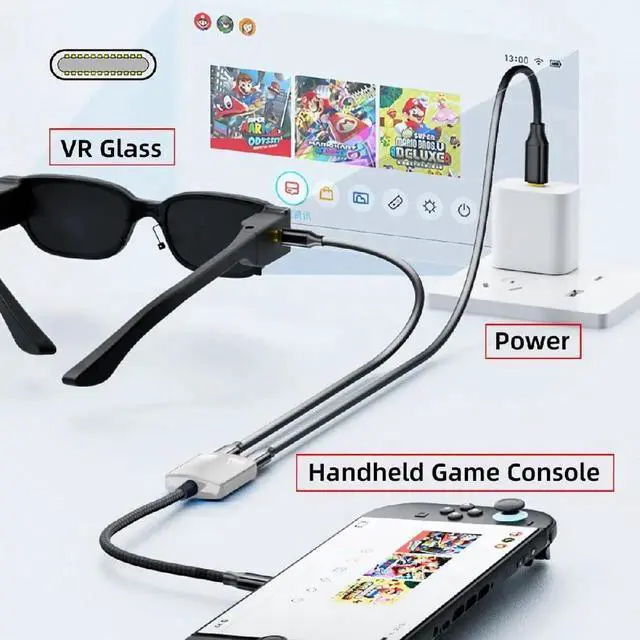 Alt view image 4 of 7 - AJMRTC 2in1 AR Glass Adapter 3.94 Inch White,USBC 1to2 Splitter,USB2.0 Data,8K@60Hz Video,PD100W Charging,Compatible with Switch,Steam Deck,Rog Ally,Phone,Tablet
