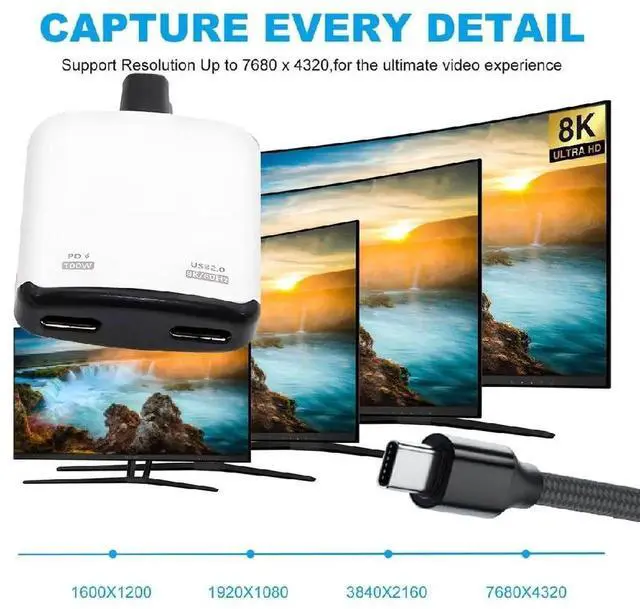 Alt view image 3 of 7 - AJMRTC 2in1 AR Glass Adapter 3.94 Inch White,USBC 1to2 Splitter,USB2.0 Data,8K@60Hz Video,PD100W Charging,Compatible with Switch,Steam Deck,Rog Ally,Phone,Tablet