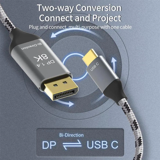 Alt view image 5 of 7 - AJMRTC 1.8M Reversible DisplayPort DP to USBC Male Cable,8K UHD Bidirectional Video Cord,DP Source to TypeC Display Cable for Laptops,Monitors,HDTV and Projector Connection